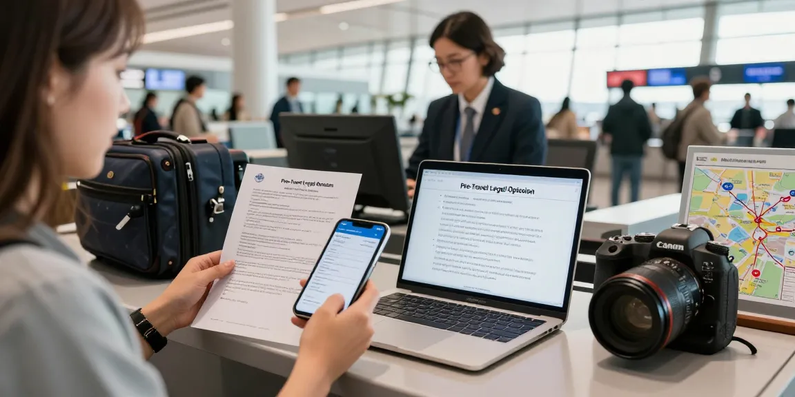 https://valken.legal/services/pre-travel-check with traveler preparing travel documents and legal opinions at airport check-in.