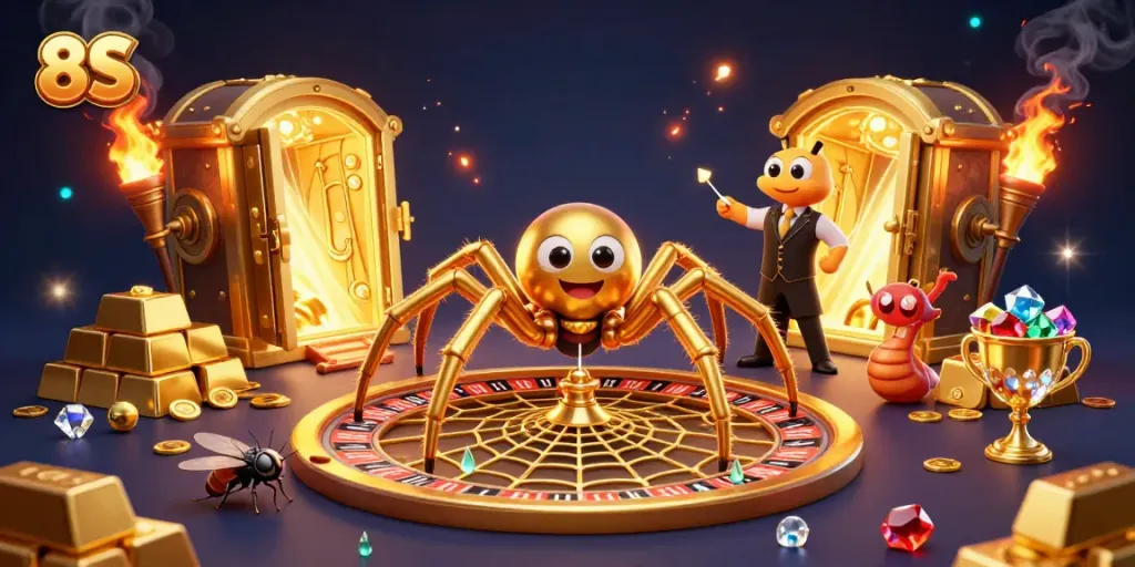 Experience thrilling spins in a 3D illustrated scene featuring the golden spider and roulette wheel for 8S.