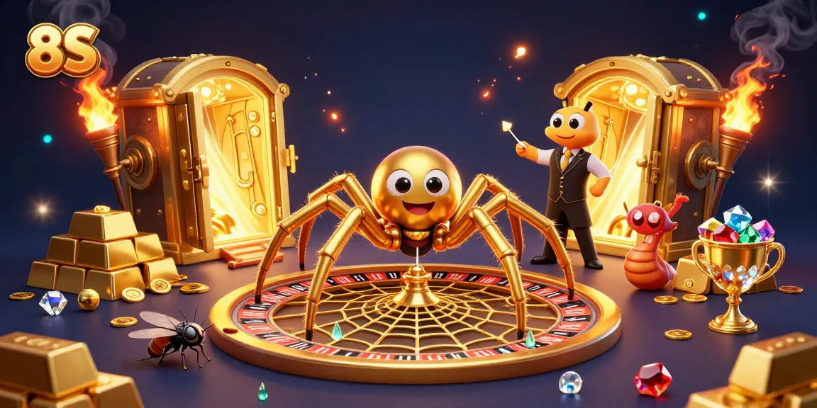 Experience thrilling spins in a 3D illustrated scene featuring the golden spider and roulette wheel for 8S.