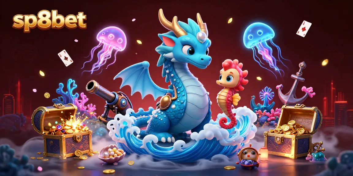 Experience the thrill with sp8bet's vibrant casino scene featuring a majestic water dragon and a seahorse knight.