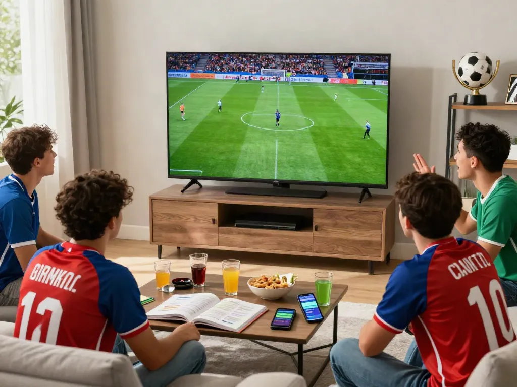 Friends enjoying a football match at home while watching Gavangtv on a large TV.