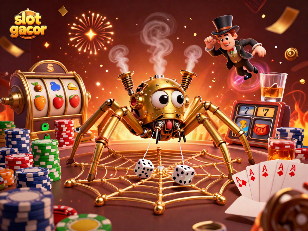 Experience slot gacor with a captivating 3D steampunk scene of a spider capturing dice with vibrant casino elements.