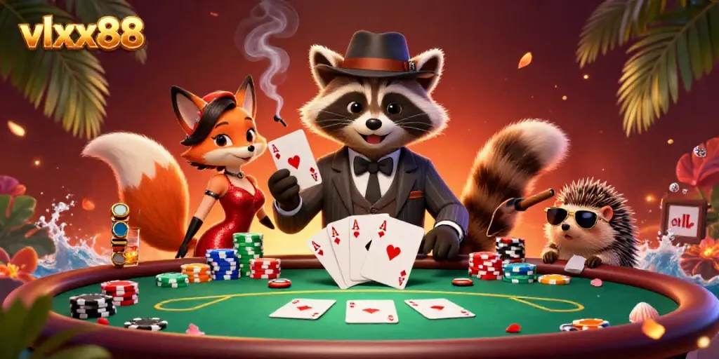 Experience the thrill of gambling at vlxx88 with a cartoon raccoon preparing for a poker game.