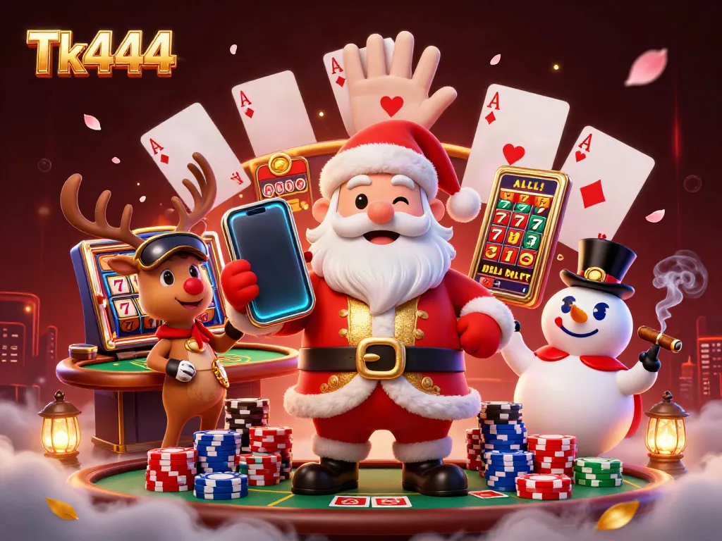 Win jackpots and enjoy the thrills at Tk444 with a vibrant casino scene featuring Santa, his reindeer, and a snowman.