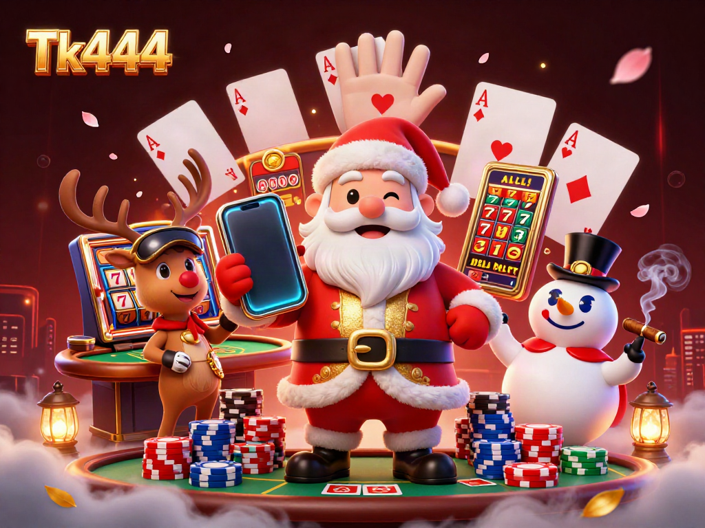 Win jackpots and enjoy the thrills at Tk444 with a vibrant casino scene featuring Santa, his reindeer, and a snowman.