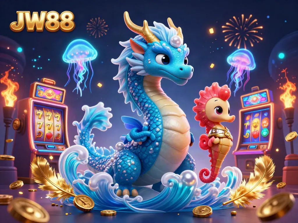 Engage in thrilling gameplay at JW88 with captivating slot machines, dragon, and seahorse characters.