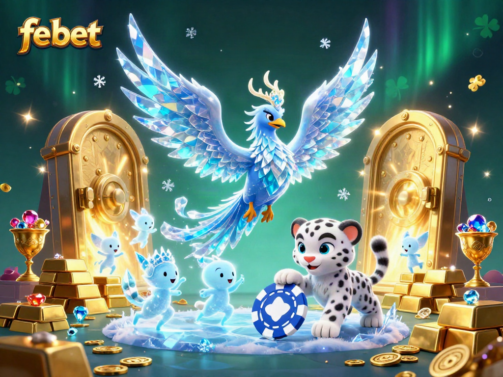 Win bonus rewards with fe bet's engaging ice-themed casino illustration featuring treasure and animated characters.