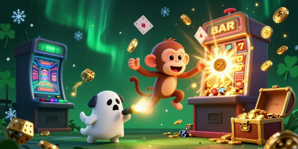 Experience the thrill of GG 88 with a dynamic illustration of a playful monkey and ghost-hunter puppy in a haunted casino.