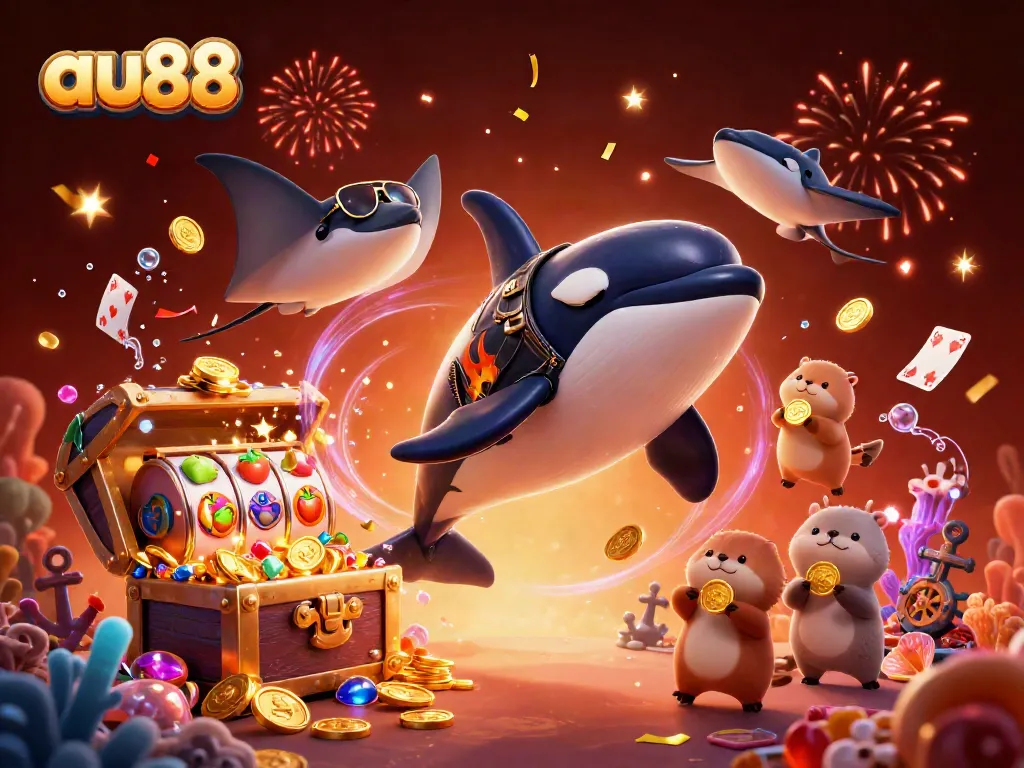 Engage in thrilling excitement at au88 with animated characters celebrating amidst vibrant slot reels and gold coins.