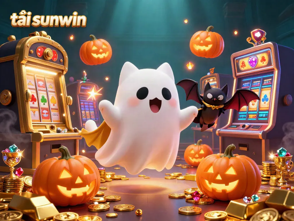 Engage in exhilarating gaming action with tải sunwin featuring a ghost cat and bat in a casino.