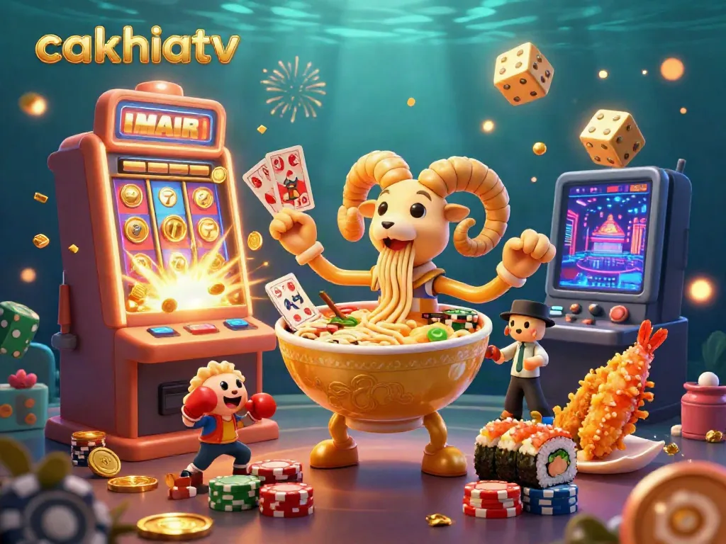 Cakhiatv's colorful animated gambling scene featuring a joyful ramen bowl dealer and festive game elements.