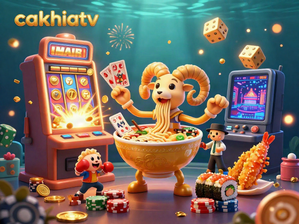 Cakhiatv's colorful animated gambling scene featuring a joyful ramen bowl dealer and festive game elements.