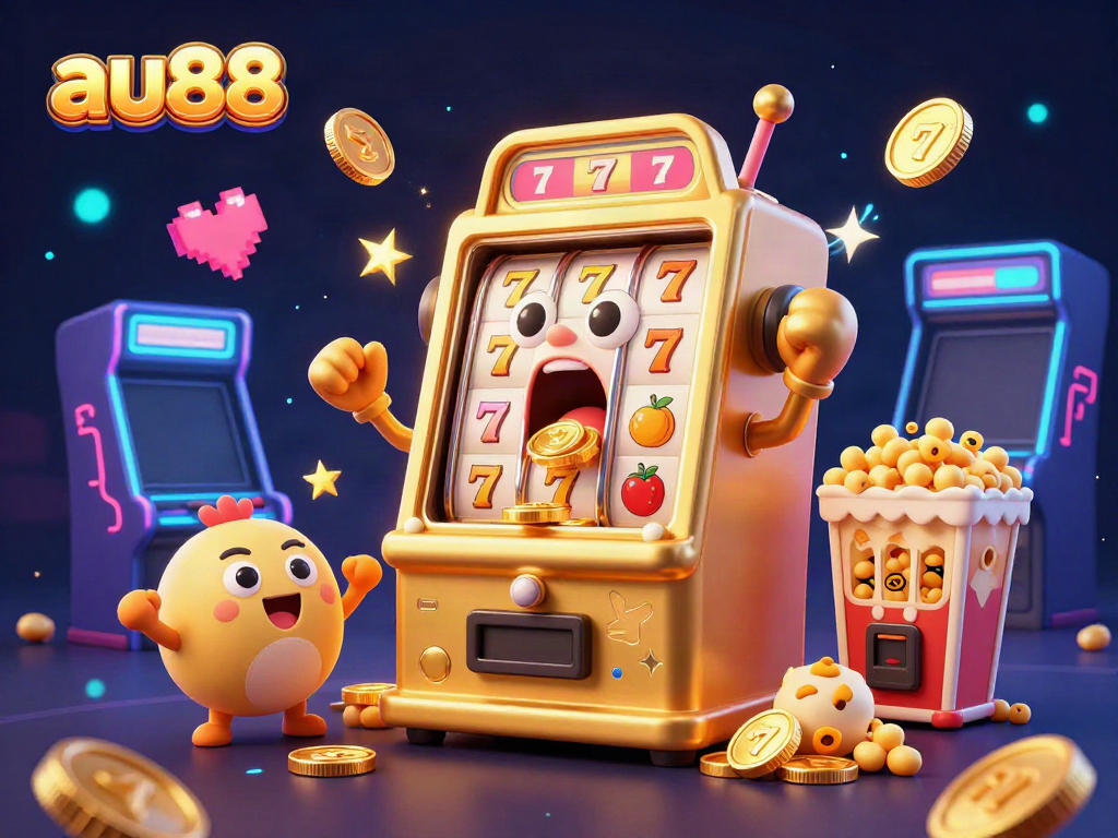 Spin to win with au88's lively slot machine jackpot scene, featuring playful characters and vibrant casino elements.