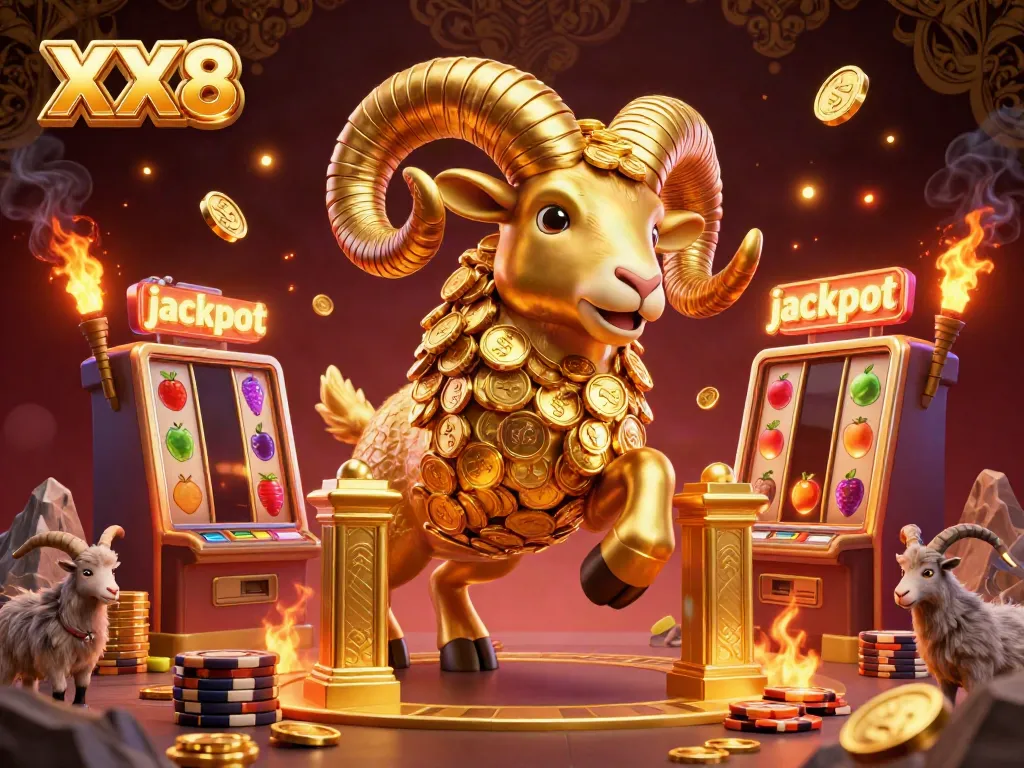 Spin the reels with the golden ram at the XX8 casino jackpot scene, showcasing vibrant slot elements.
