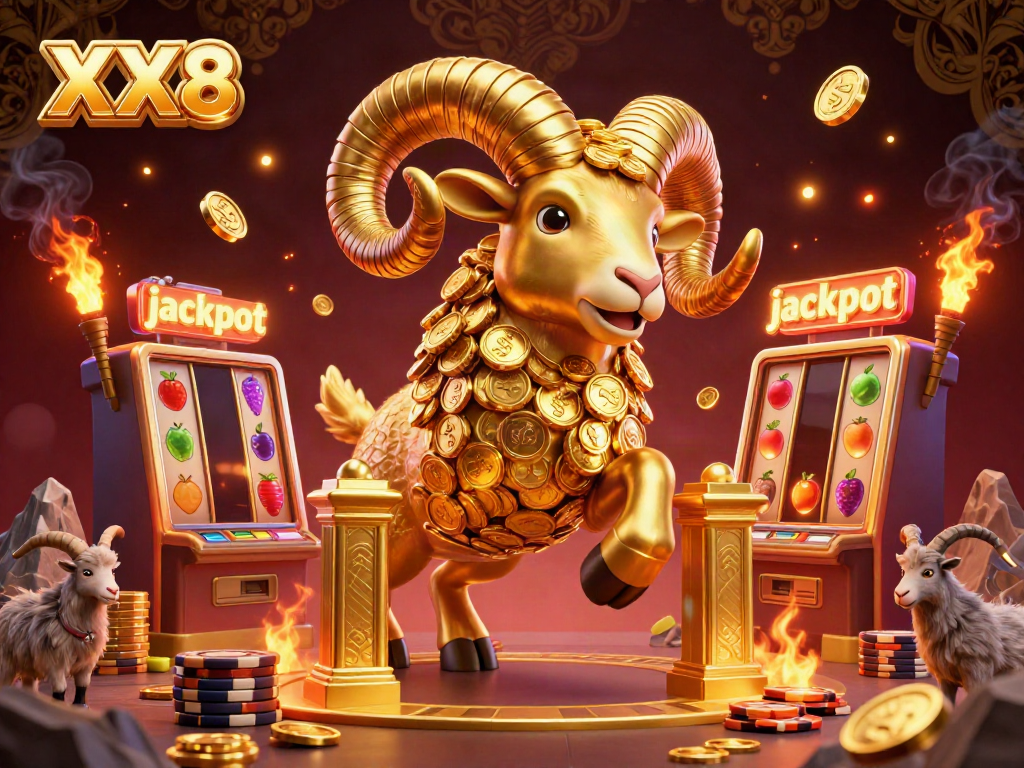 Spin the reels with the golden ram at the XX8 casino jackpot scene, showcasing vibrant slot elements.