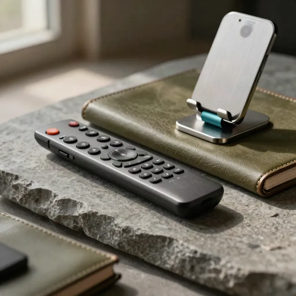 Wireless remote, closed folio and metal phone stand on stone in soft teal light