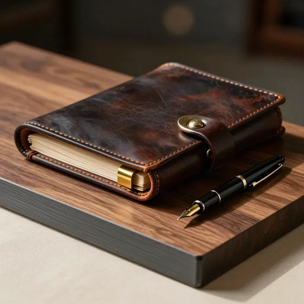 Dark leather portfolio with brass markers and a fountain pen on a walnut plinth