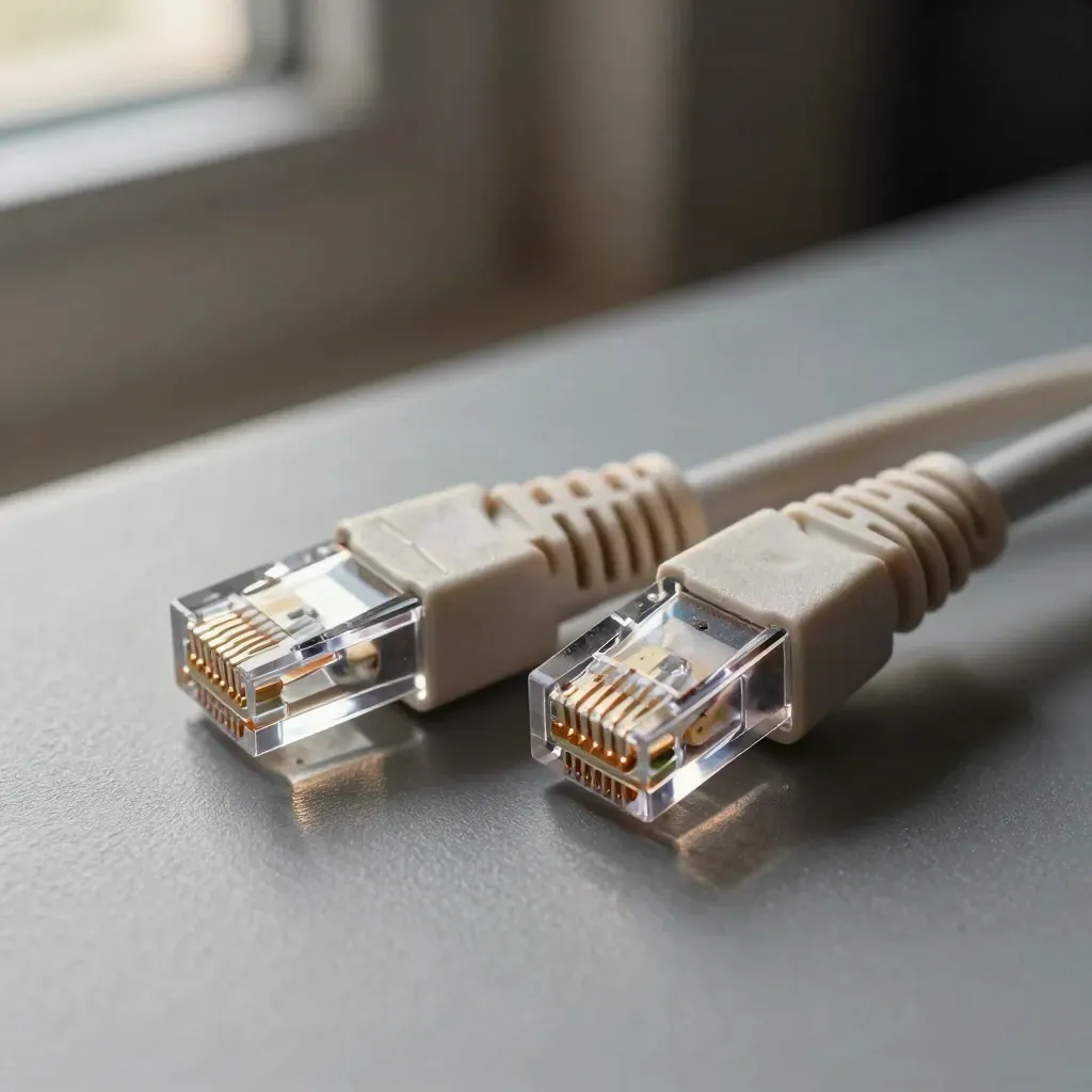 Split Ethernet cable, RJ45 plugs and keystone coupler on a slate surface, seen in macro.