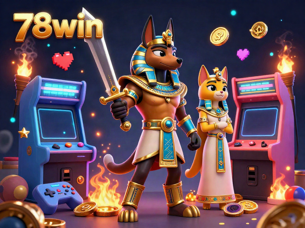 Engage in thrilling gaming at 78win with Anubis and Bastet in a colorful casino scene.