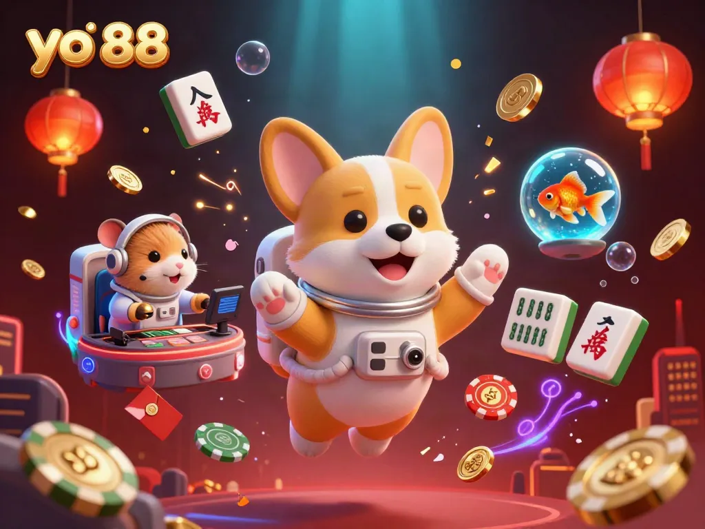 Experience thrilling moments at yo 88 with vibrant graphics showcasing a corgi and friends in a casino.