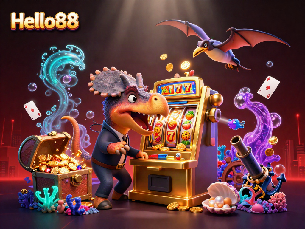 Experience the thrill of slots with Hello88 as dinosaurs and casino elements collide in an underwater adventure.