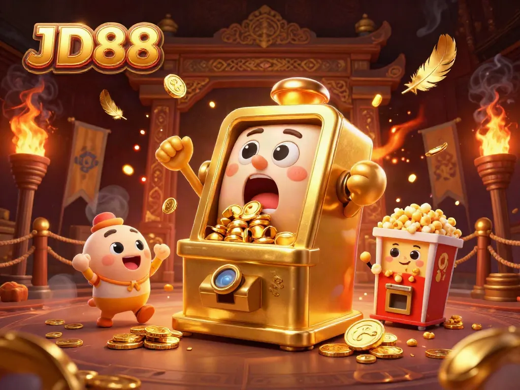 Experience thrilling wins at JD88 with a vibrant 3D illustration of a golden slot machine celebrating its jackpot.
