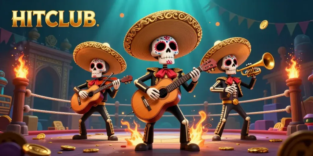 Experience HITCLUB's vibrant gaming scene with mariachi skeletons, golden coins, and thrilling casino elements.