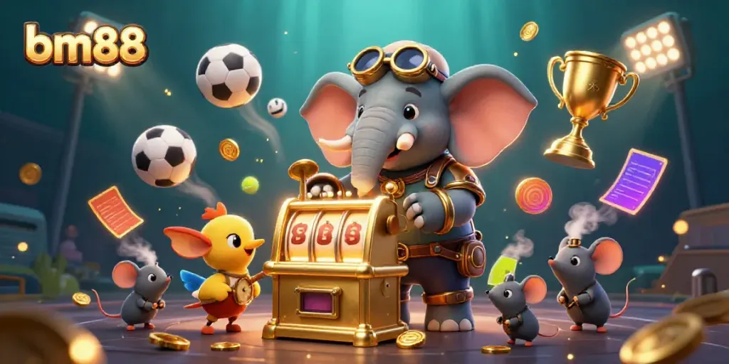 Engage with the vibrant bm88 gaming scene featuring a steampunk elephant and dynamic sports elements.
