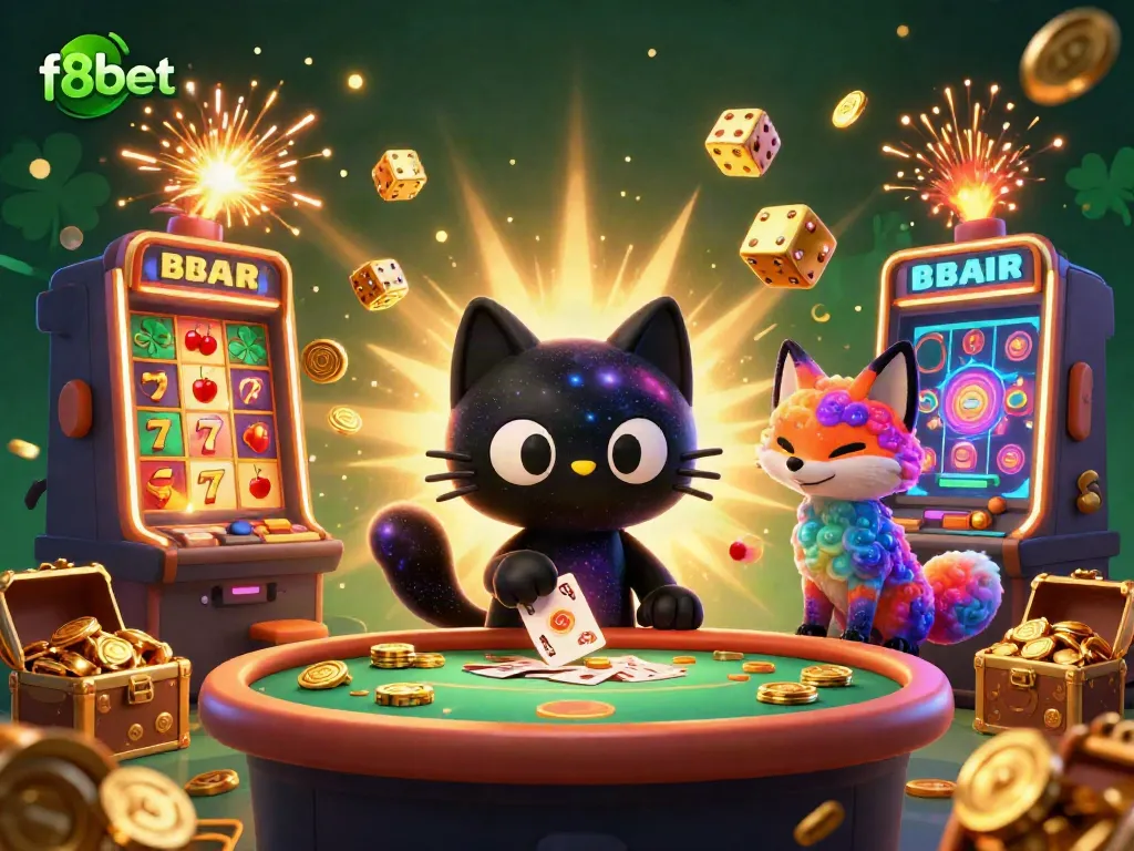 Experience thrilling gaming at f8bet with a whimsical cosmic casino scene featuring a lucky black hole cat and a colorful nebula fox.