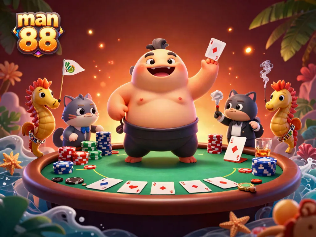 Engaging illustration showcasing man 88's vibrant underwater poker scene with dynamic characters.