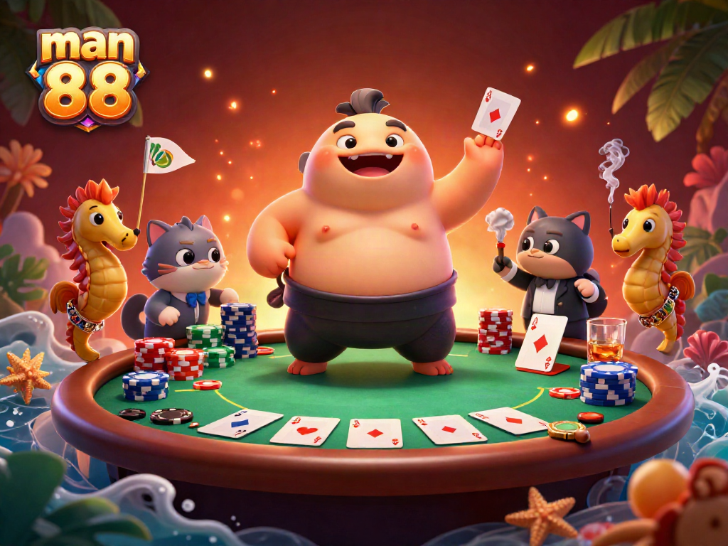 Engaging illustration showcasing man 88's vibrant underwater poker scene with dynamic characters.