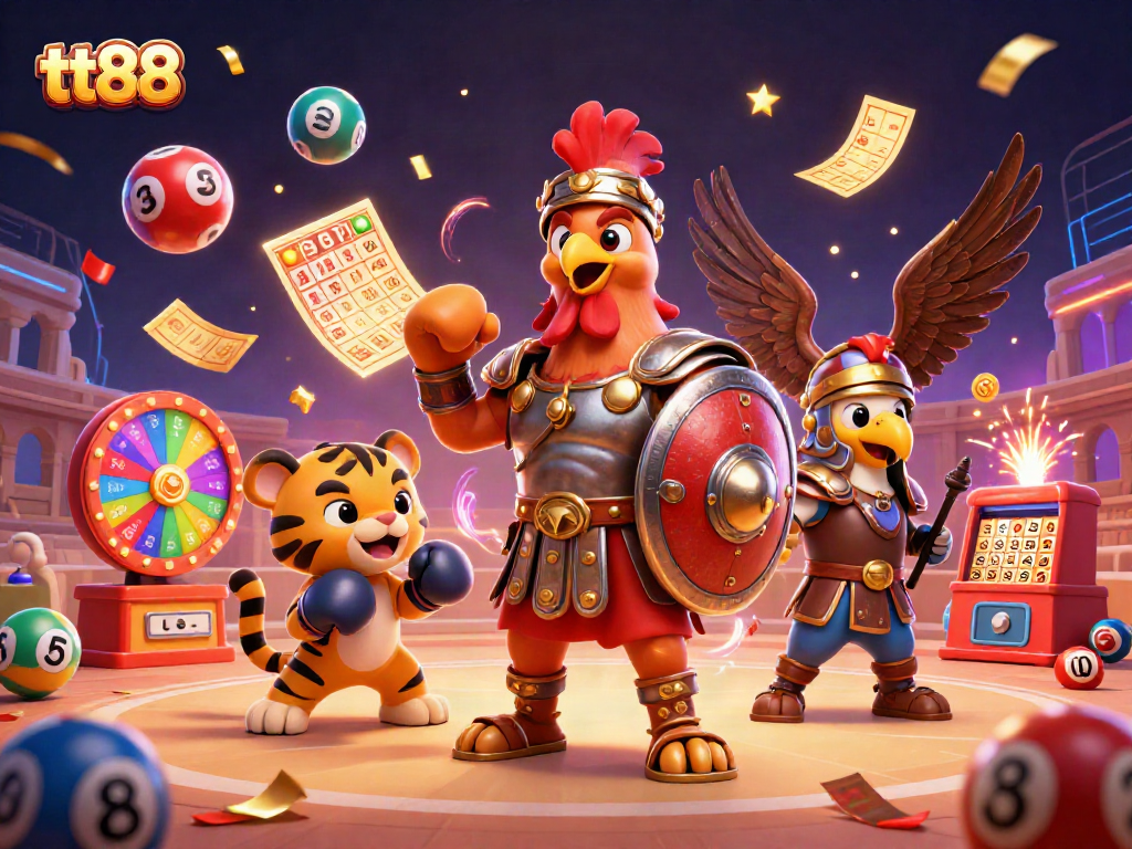 Watch tt88 come alive with a vibrant 3D scene of a gladiator rooster among lively gambling elements.