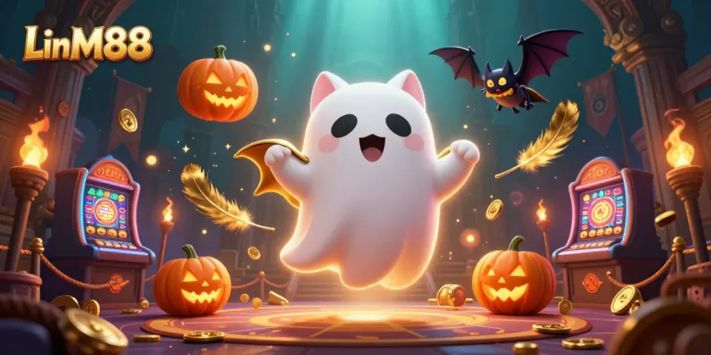 Experience thrilling gameplay with Link MM88, featuring a friendly ghost cat and vampire bat in a stunning casino.