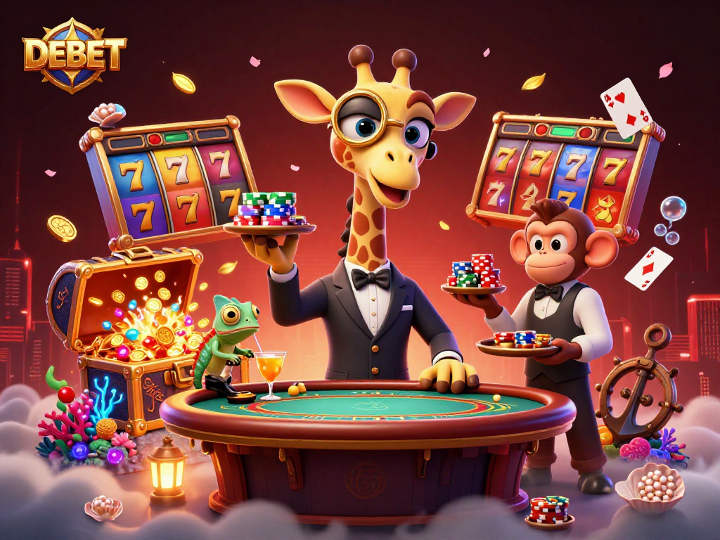 DEBET casino scene showcasing a high-roller giraffe with slot reels and golden treasures.