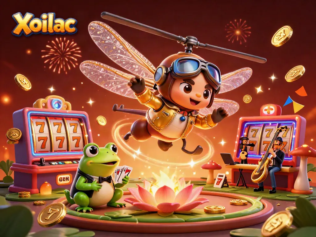 Xoilac offers an exciting casino atmosphere with vibrant characters, slot machines, and celebratory fireworks.