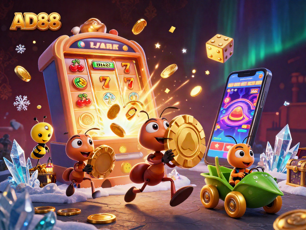 AD88 heist with cartoon ants and a grasshopper driver amidst vibrant casino elements.