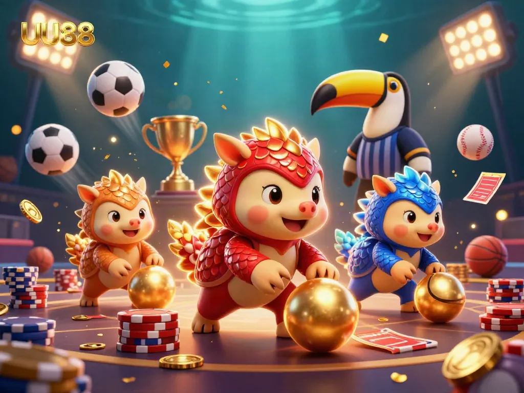 UU88 pangolins compete in a dynamic casino scene with sports elements and confetti.