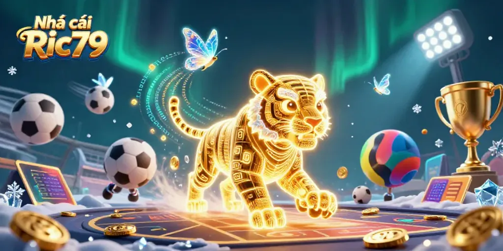 Engage with Nhà cái Ric79's vibrant casino scene featuring a neon-wireframe golden tiger and sports elements.