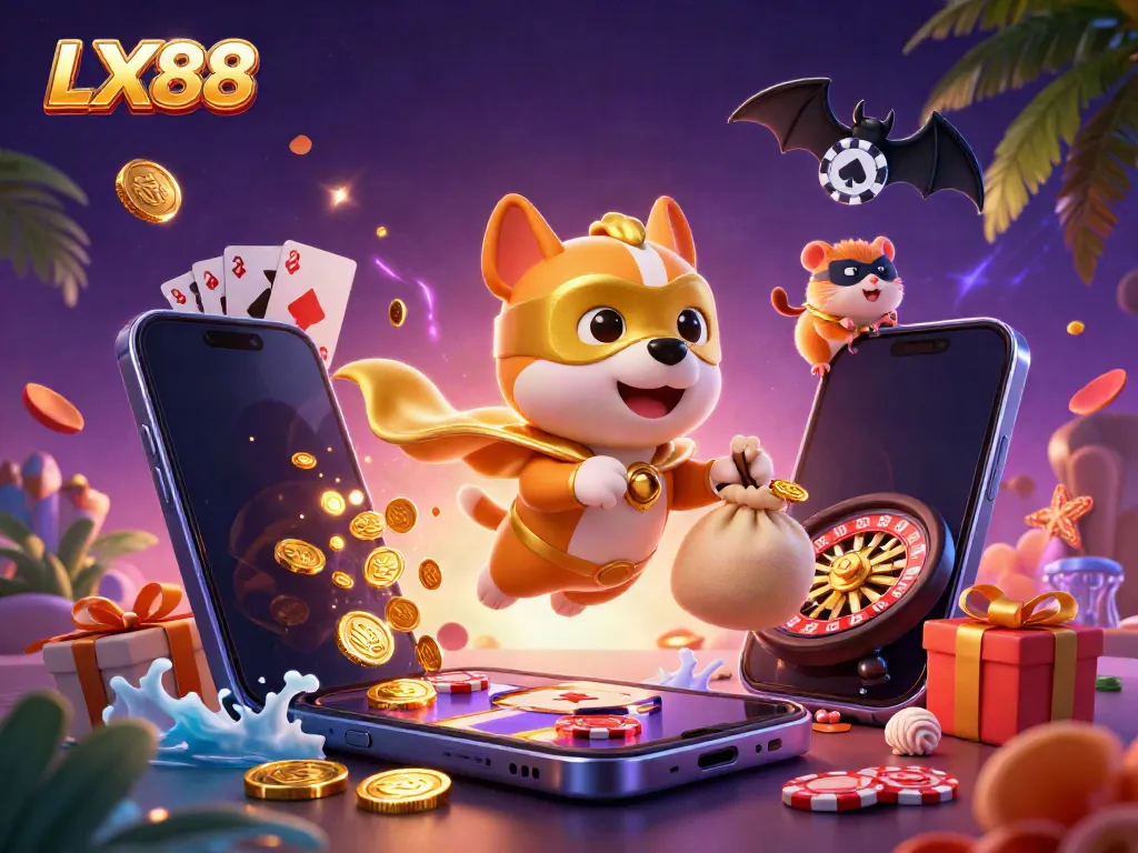 Experience the excitement of LX88 with a superhero dog and hamster in a dynamic casino illustration.