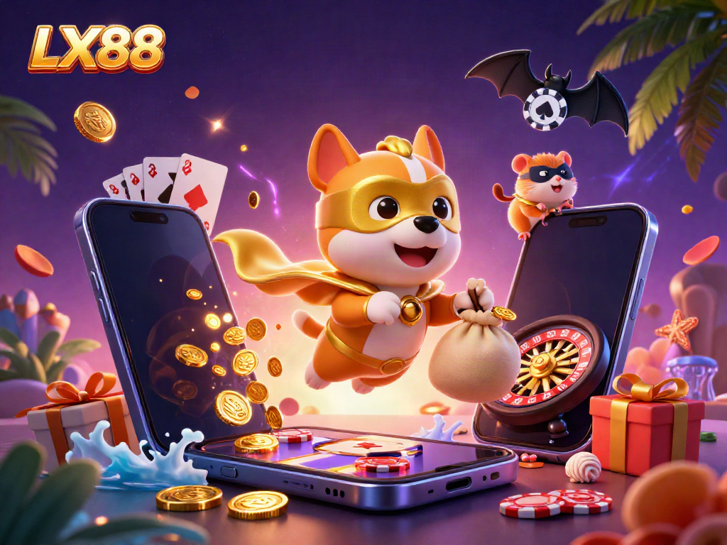 Experience the excitement of LX88 with a superhero dog and hamster in a dynamic casino illustration.