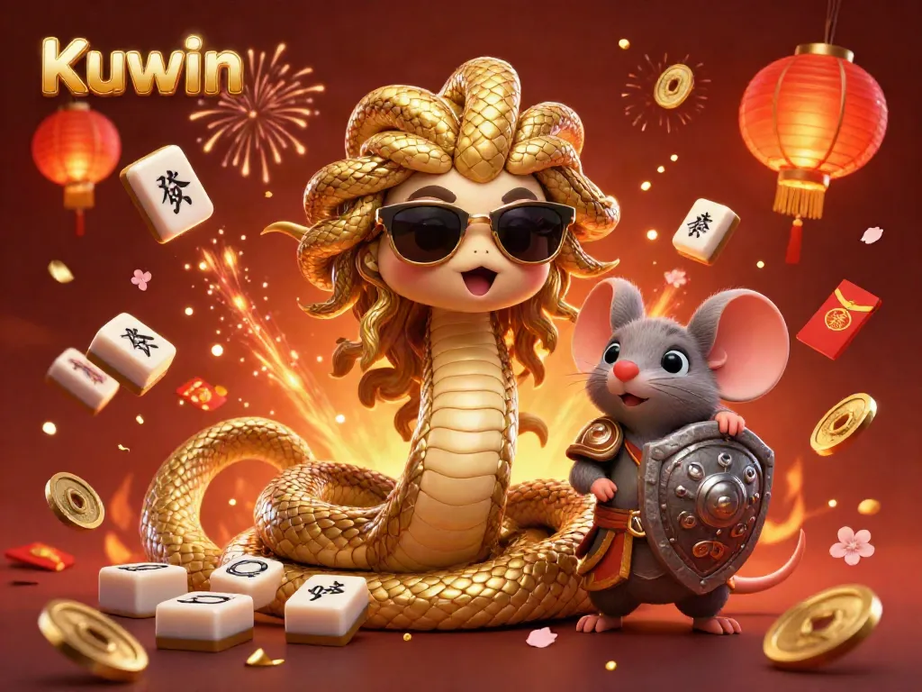Kuwin animated scene showcasing lively gaming elements with Medusa and a warrior mouse amidst vibrant confetti and joy.