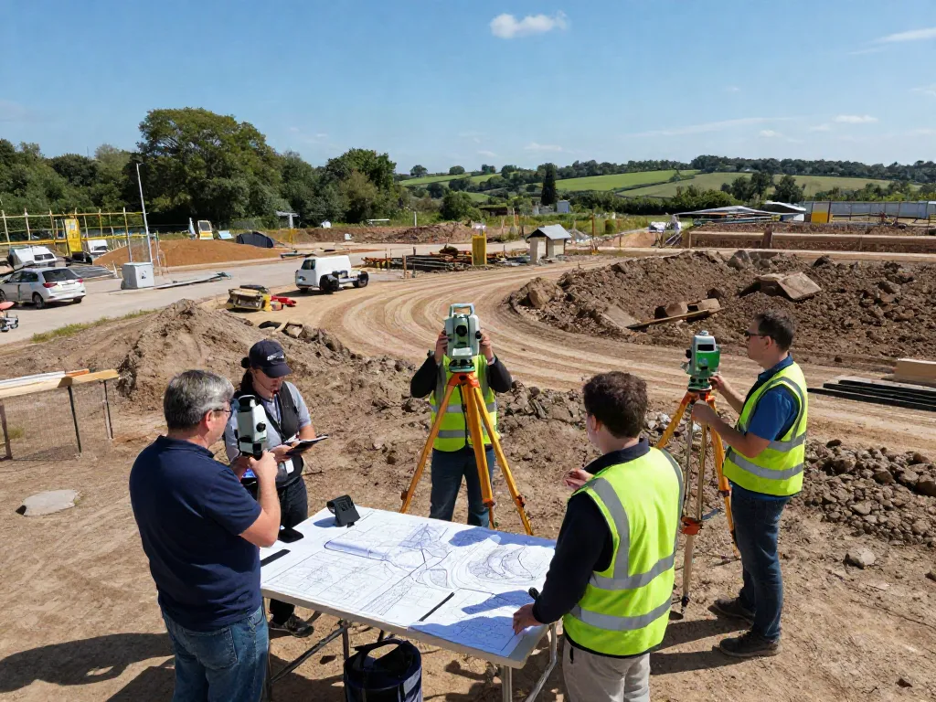 Topographical Survey Surrey in progress, with surveyors measuring land and detailed plans on display.
