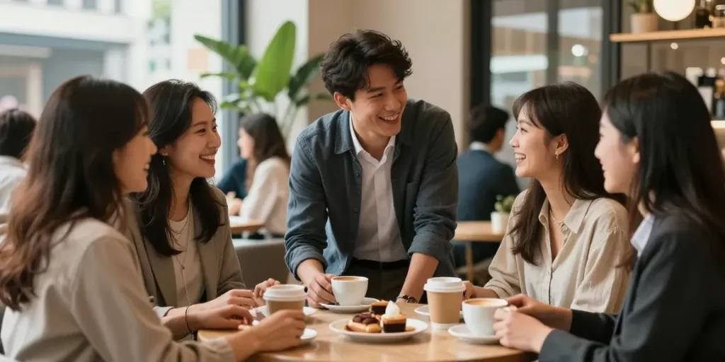 Master social dynamics through confident conversation in a café setting, showcasing engaging social interactions.