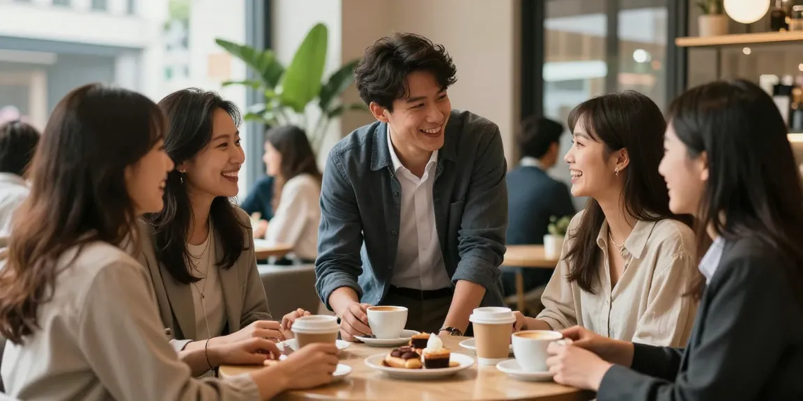 Master social dynamics through confident conversation in a café setting, showcasing engaging social interactions.