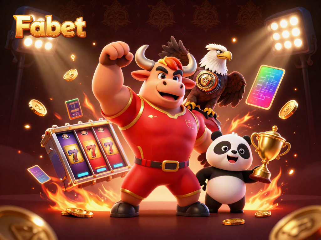 Fabet showcases a dynamic victory scene with a bull mascot, eagle, and panda amidst casino games.
