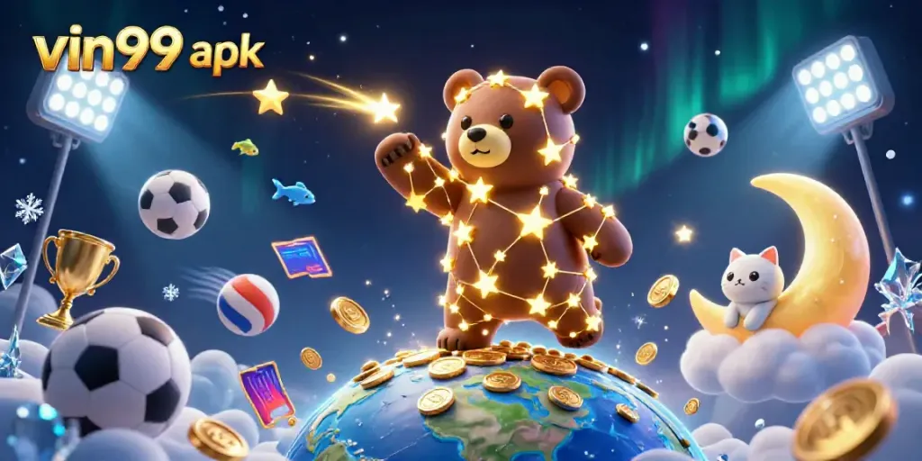 Experience the thrill of vin99 apk with gold coins and gaming elements illustrated in a dynamic scene.