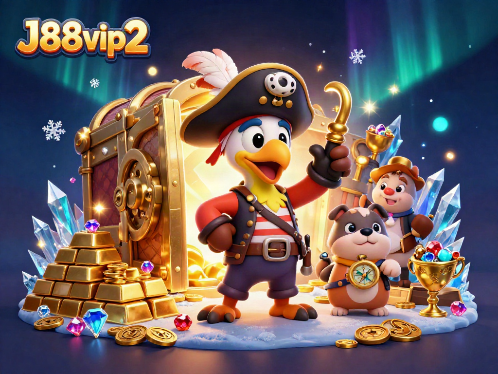 Players enjoy exciting games at J88vip2, where the pirate captain leads the adventure in this vibrant casino scene.