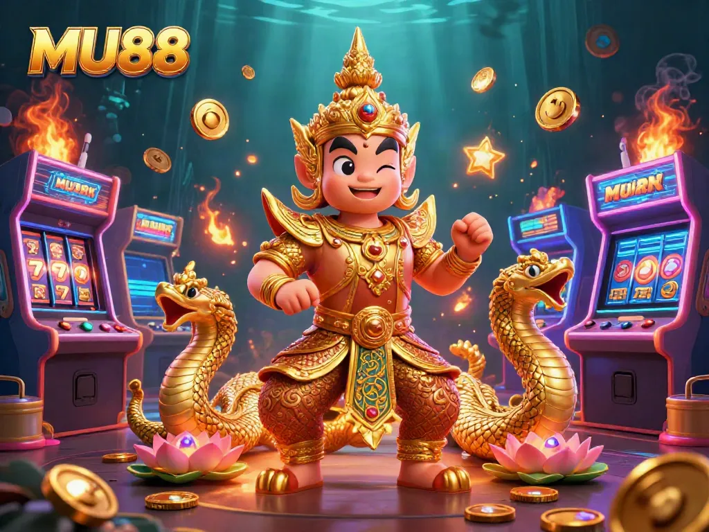 Engage in the excitement of MU88 with a vibrant 3D casino scene featuring slot reels and golden guardians.
