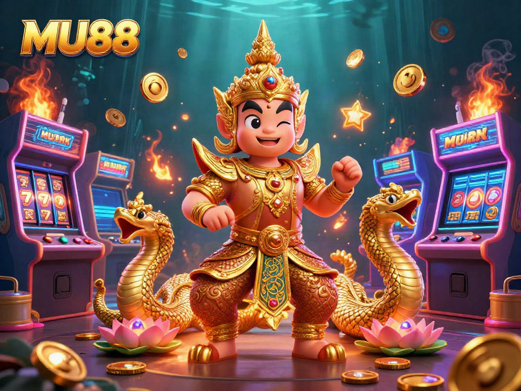 Engage in the excitement of MU88 with a vibrant 3D casino scene featuring slot reels and golden guardians.