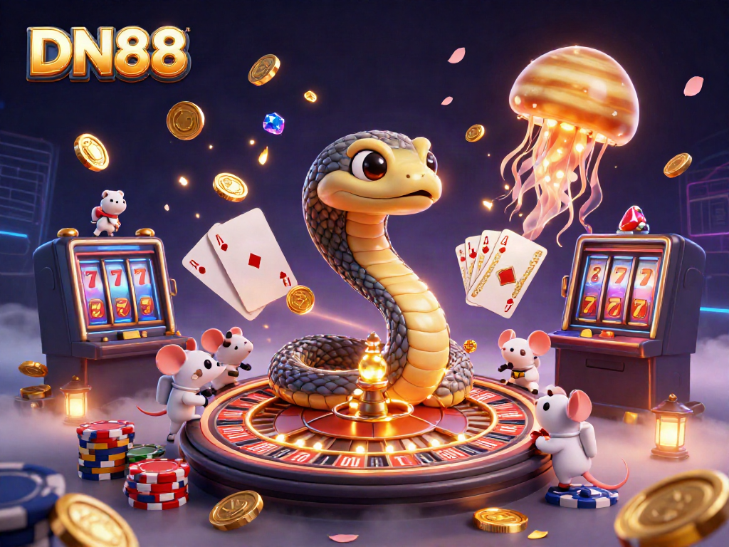 Bet on DN88’s cosmic roulette with the Saturn snake while mice place bets amidst gold coins.